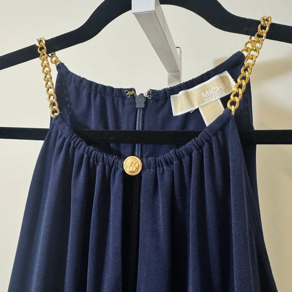 Michael Kors Navy Blue Chain Strap Halter Dress Sleeveless Midi Shift Dress - Picture 3 of 9